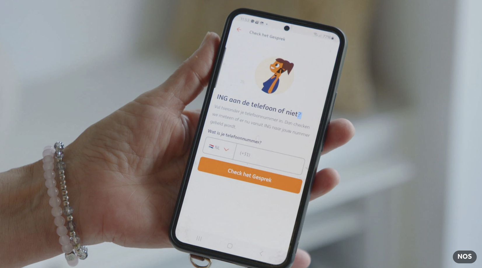 Hand holding a smartphone showing ING's Dutch check-in screen with an orange 'Check het Gesprek' button.